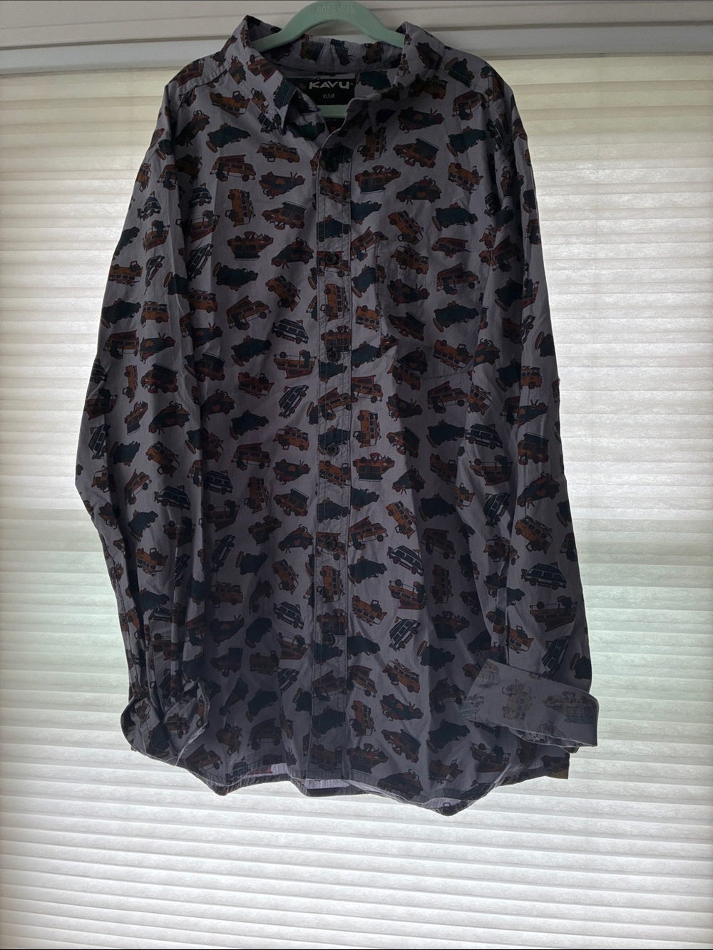 Kavu Gray Button-Up Shirt with Brown & Dark Green Truck Print
